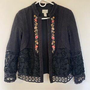 Chico’s Embroidered Floral Lace Black Blazer Black Open Jacket Women Size 0
